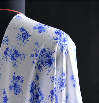 Yardblox Exclusive Made in Japan Luxury Designer Floral White/Blue Non-Stretch Silk Cotton Blended Plain Woven DS01459