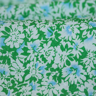 Yardblox Exclusive Japanese Fashion Designer Floral Green/White/Blue Non-Stretch Cotton Seersucker DS03404