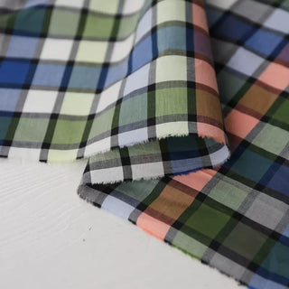 Yardblox Exclusive Made in Italy Fashion Designer Plaid/Checkered Blue/Green/Orange/Black/White Non-Stretch Cotton Plain Woven DS034115