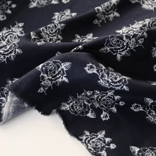 Yardblox Exclusive Japanese Fashion Designer Floral Dark Navy Blue/White Non-Stretch Linen Plain Woven DS03485 - Yardblox Fabrics