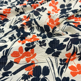 Yardblox Exclusive Japanese Fashion Designer Floral Ivory/Navy/Orange Non-Stretch Salt shrinking/Puckered Cotton Seersucker DS06407 - Yardblox Fabrics