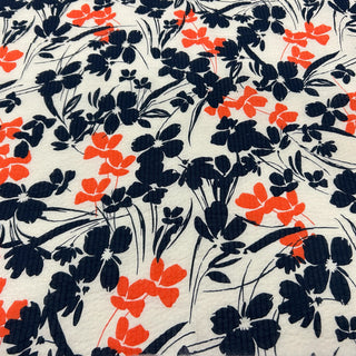 Yardblox Exclusive Japanese Fashion Designer Floral Ivory/Navy/Orange Non-Stretch Salt shrinking/Puckered Cotton Seersucker DS06407 - Yardblox Fabrics