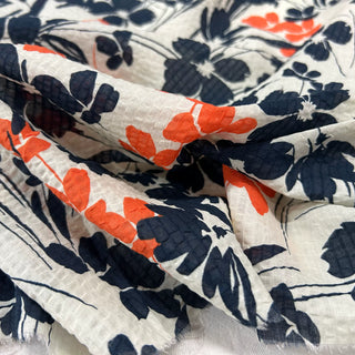 Yardblox Exclusive Japanese Fashion Designer Floral Ivory/Navy/Orange Non-Stretch Salt shrinking/Puckered  Cotton Seersucker DS06407