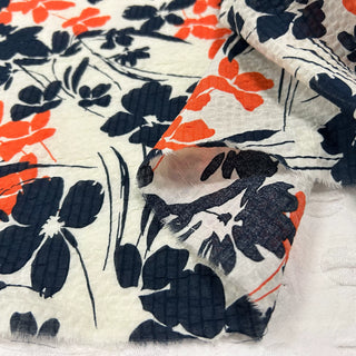 Yardblox Exclusive Japanese Fashion Designer Floral Ivory/Navy/Orange Non-Stretch Salt shrinking/Puckered  Cotton Seersucker DS06407