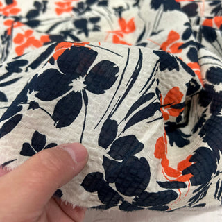 Yardblox Exclusive Japanese Fashion Designer Floral Ivory/Navy/Orange Non-Stretch Salt shrinking/Puckered  Cotton Seersucker DS06407