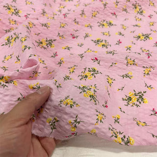 Yardblox Exclusive Japanese Fashion Designer Floral Pink/Multi Color Non-Stretch Salt shrinking/Puckered Cotton Seersucker DS06412 - Yardblox Fabrics