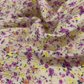 Yardblox Exclusive Japanese Fashion Designer Floral Light Tan/Yellow/Purple Non-Stretch Cotton Seersucker DS06452