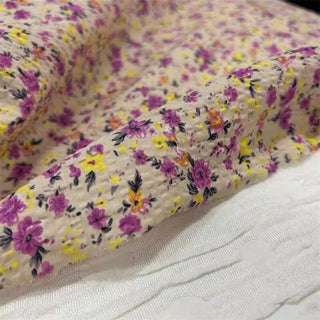 Yardblox Exclusive Japanese Fashion Designer Floral Light Tan/Yellow/Purple Non-Stretch Cotton Seersucker DS06452