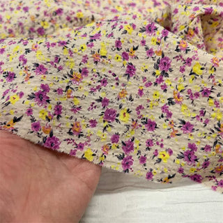 Yardblox Exclusive Japanese Fashion Designer Floral Light Tan/Yellow/Purple Non-Stretch Cotton Seersucker DS06452