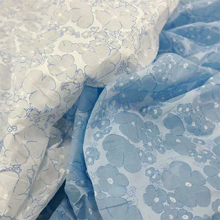 Yardblox Exclusive Korean Fashion Designer Floral White/Blue Non-Stretch Salt shrinking/Puckered Cotton Plain Woven DS06453 - Yardblox Fabrics