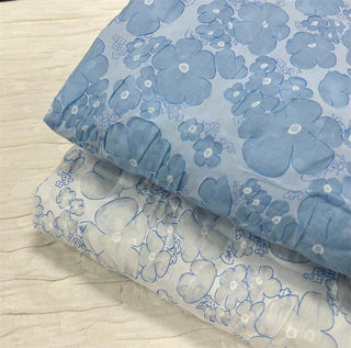 Yardblox Exclusive Korean Fashion Designer Floral White/Blue Non-Stretch Salt shrinking/Puckered Cotton Plain Woven DS06453 - Yardblox Fabrics