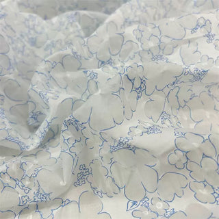 Yardblox Exclusive Korean Fashion Designer Floral White/Blue Non-Stretch Salt shrinking/Puckered Cotton Plain Woven DS06453 - Yardblox Fabrics