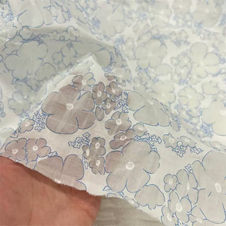 Yardblox Exclusive Korean Fashion Designer Floral White/Blue Non-Stretch Salt shrinking/Puckered Cotton Plain Woven DS06453 - Yardblox Fabrics