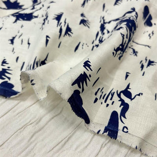 Yardblox Exclusive Made in France Fashion Designer Conversational Ivory/Blue Non-Stretch Linen Herringbone DS06473 - Yardblox Fabrics