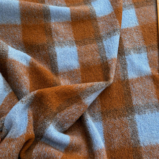 Yardblox Exclusive Made in Italy Luxury Designer Plaid/Checkered Blue/Burnt Orange Stretch Wool Elastane Blended Knit DS06482