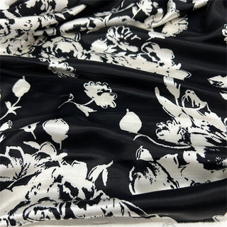 Yardblox Exclusive Made in Japan Luxury Designer Floral Black/White Non-Stretch Triacetate Polyester Blended Satin DS06489 - Yardblox Fabrics