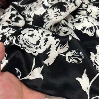 Yardblox Exclusive Made in Japan Luxury Designer Floral Black/White Non-Stretch Triacetate Polyester Blended Satin DS06489 - Yardblox Fabrics