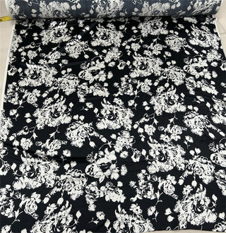 Yardblox Exclusive Made in Japan Luxury Designer Floral Black/White Non-Stretch Triacetate Polyester Blended Satin DS06489 - Yardblox Fabrics