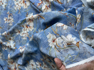 Yardblox Exclusive Japanese Fashion Designer Floral Blue/Multi Color Non-Stretch Silk Crepe De Chine DS07428