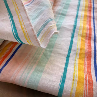 Yardblox Exclusive Japanese Fashion Designer Stripes White/Multi Color Non-Stretch Linen Organic Cotton Blended Plain Woven DS08422