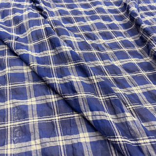 Yardblox Exclusive Made in Korea Fashion Designer Plaid/Checkered Blue/White Non-Stretch Crinkled Cotton Plain Woven DS09414