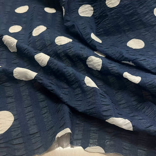 Yardblox Exclusive Made in Korea Fashion Designer Dot/Polka Dot Navy Blue/White Non-Stretch Salt shrinking/Puckered Cotton Seersucker DS09444 - Yardblox Fabrics