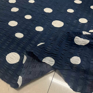 Yardblox Exclusive Made in Korea Fashion Designer Dot/Polka Dot Navy Blue/White Non-Stretch Salt shrinking/Puckered Cotton Seersucker DS09444