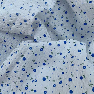 Yardblox Exclusive Made in Japan Fashion Designer Floral White/Blue Non-Stretch Cotton Seersucker DS10403 - Yardblox Fabrics