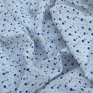 Yardblox Exclusive Made in Japan Fashion Designer Floral White/Blue Non-Stretch Cotton Seersucker DS10403 - Yardblox Fabrics