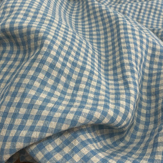 Yardblox Exclusive Made in Japan Artisan Independent Designer Gingham Blue Non-Stretch Sand Washed Linen Plain Woven DS11442