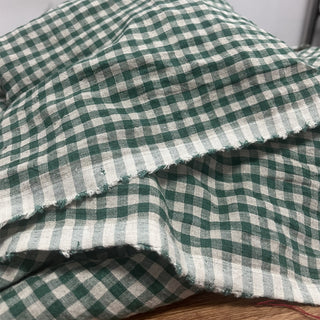 Yardblox Exclusive Made in Japan Artisan Independent Designer Gingham Green Non-Stretch Sand Washed Linen Plain Woven DS11444