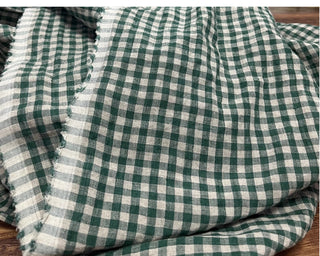 Yardblox Exclusive Made in Japan Artisan Independent Designer Gingham Green Non-Stretch Sand Washed Linen Plain Woven DS11444