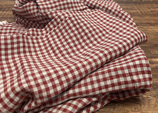 Yardblox Exclusive Made in Japan Artisan Independent Designer Gingham Red Non-Stretch Sand Washed Linen Plain Woven DS11447 - Yardblox Fabrics