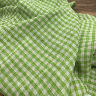 Yardblox Exclusive Made in Japan Artisan Independent Designer Gingham Green Non-Stretch Sand Washed Linen Plain Woven DS11448