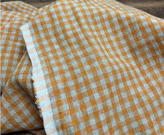 Yardblox Exclusive Made in Japan Artisan Independent Designer Gingham Orange Non-Stretch Sand Washed Linen Plain Woven DS11449