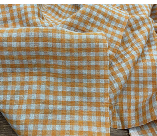 Yardblox Exclusive Made in Japan Artisan Independent Designer Gingham Orange Non-Stretch Sand Washed Linen Plain Woven DS11449