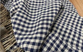 Yardblox Exclusive Made in Japan Artisan Independent Designer Gingham Navy Blue Non-Stretch Sand Washed Linen Plain Woven DS11450