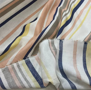 Yardblox Exclusive Made in Italy Fashion Designer Stripes Pink/White/Blue/Yellow Non-Stretch Linen Plain Woven DS12433