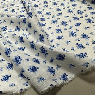 Yardblox Exclusive Made in Japan Luxury Designer Floral White/Blue Non-Stretch Linen Plain Woven DS12453