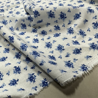 Yardblox Exclusive Made in Japan Luxury Designer Floral White/Blue Non-Stretch Linen Plain Woven DS12453